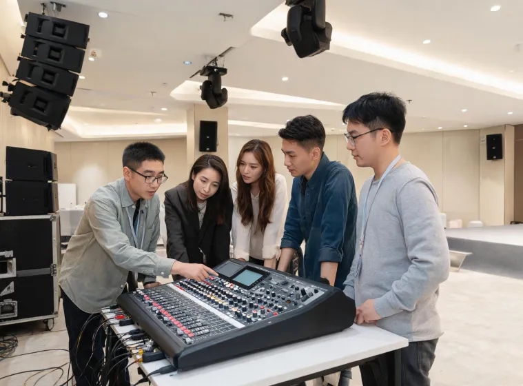 Technician training venue operators on a digital mixing and loudspeaker system